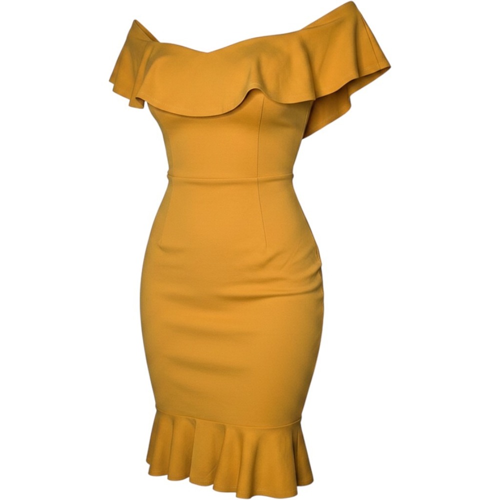 Lulus Dress Women XL Yellow Off The Shoulder Ruffle Hem Bodycon Cocktail Mini